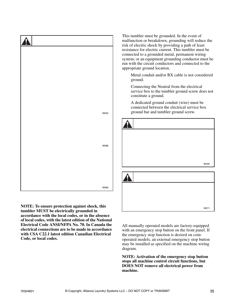 Electrical requirements, Grounding instructions for ce models only, Warning | Caution, Grounding instructions, For ce models only | Alliance Laundry Systems T477C User Manual | Page 37 / 53