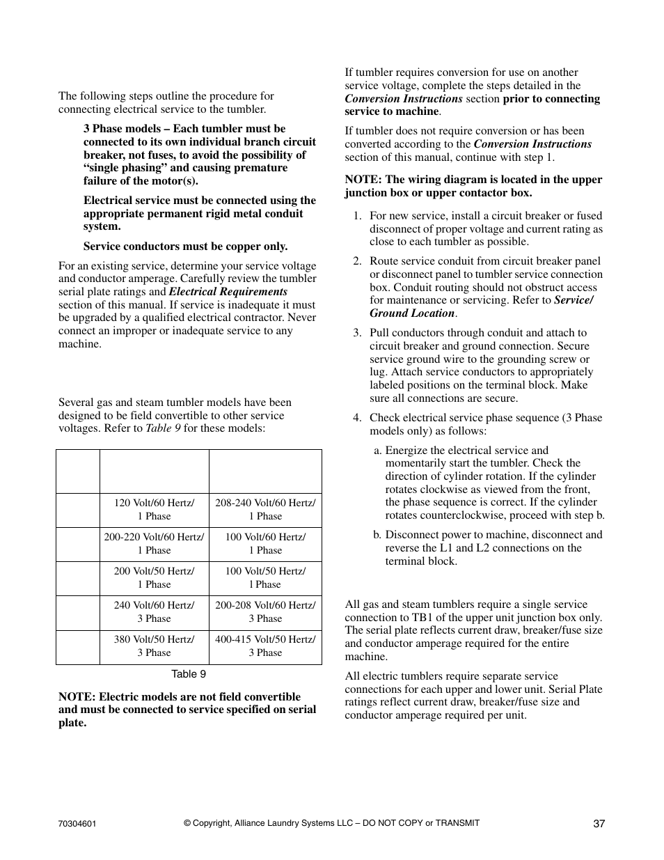 Connecting electrical service | Alliance Laundry Systems T477C User Manual | Page 39 / 53