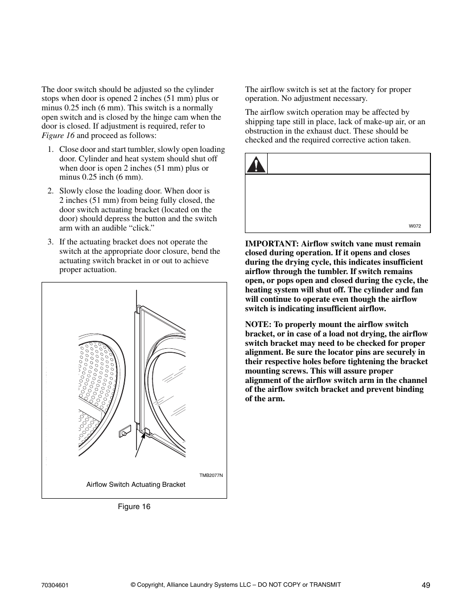 Adjustments, Loading door switch airflow switch, Warning | Loading door switch, Airflow switch | Alliance Laundry Systems T477C User Manual | Page 51 / 53
