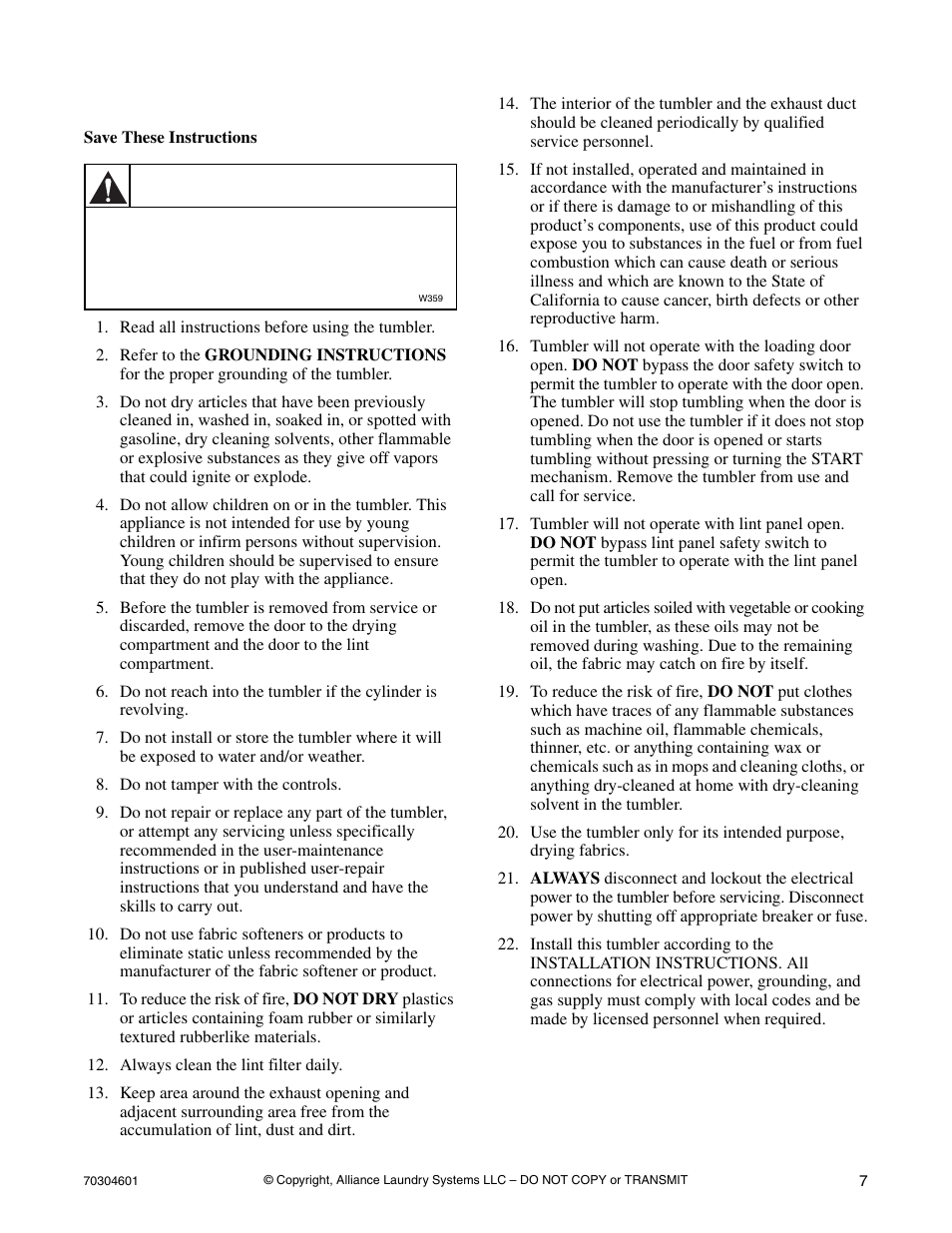 Important safety instructions, Warning | Alliance Laundry Systems T477C User Manual | Page 9 / 53