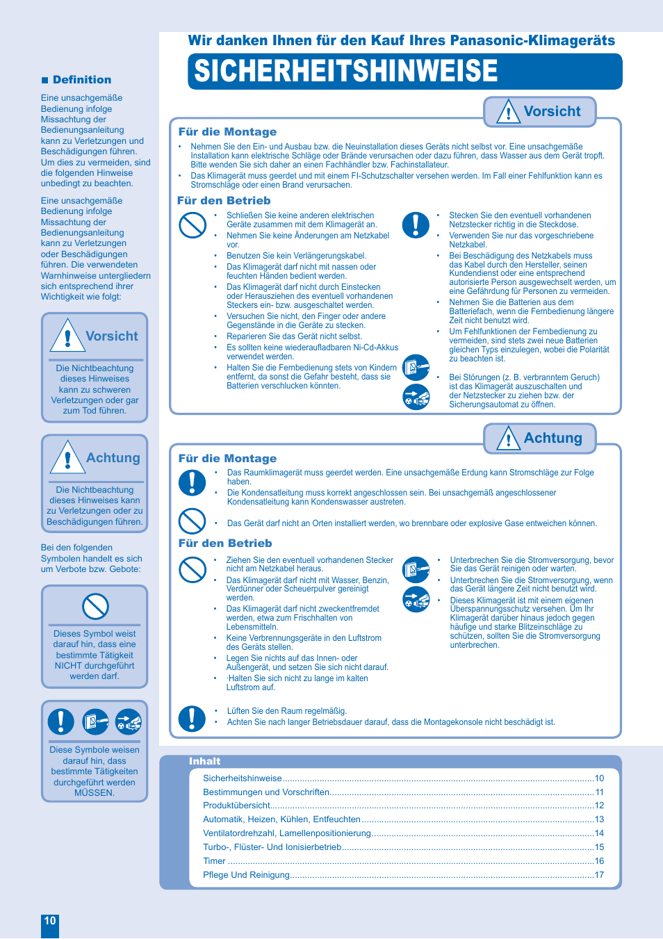 Sicherheitshinweise, Achtung, Vorsicht | Panasonic CSE18EKEA User Manual | Page 2 / 12