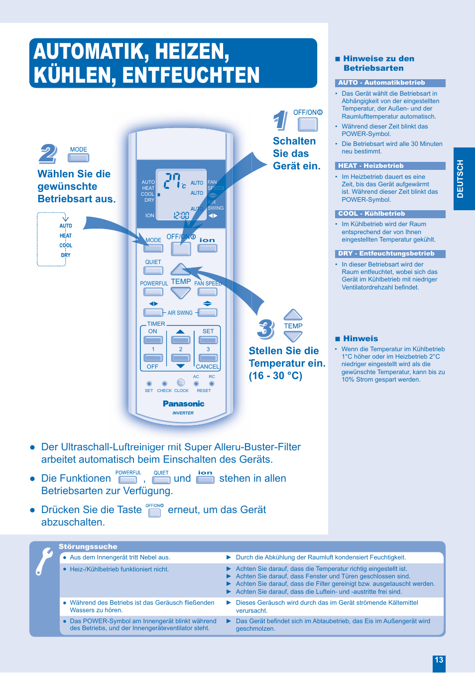 Automatik, heizen, kühlen, entfeuchten | Panasonic CSE18EKEA User Manual | Page 5 / 12