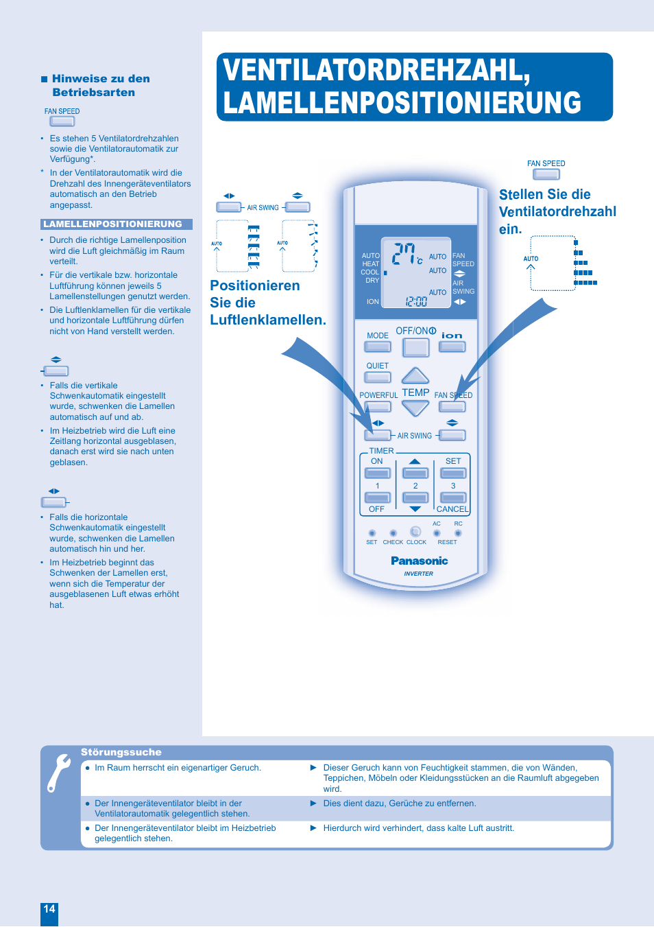 Ventilatordrehzahl, lamellenpositionierung, Stellen sie die ventilatordrehzahl ein, Positionieren sie die luftlenklamellen | Panasonic CSE18EKEA User Manual | Page 6 / 12