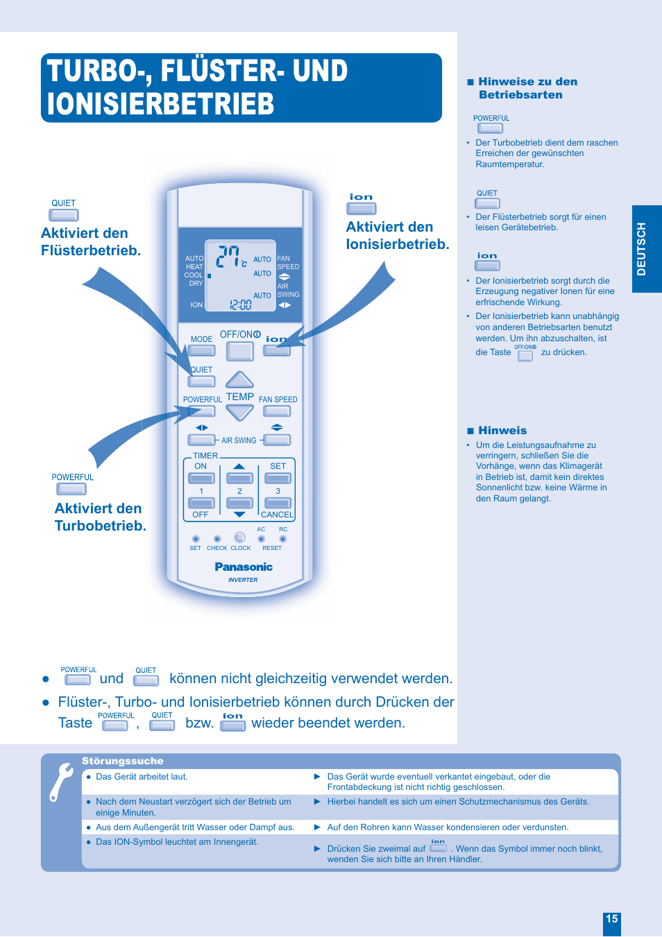 Turbo-, flüster- und ionisierbetrieb | Panasonic CSE18EKEA User Manual | Page 7 / 12