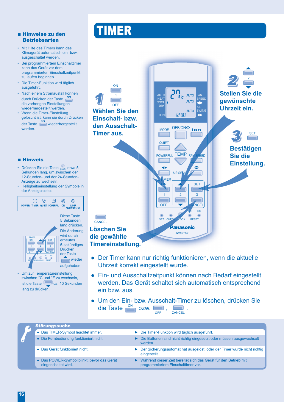 Timer, Stellen sie die gewünschte uhrzeit ein, Bestätigen sie die einstellung | Löschen sie die gewählte timereinstellung | Panasonic CSE18EKEA User Manual | Page 8 / 12