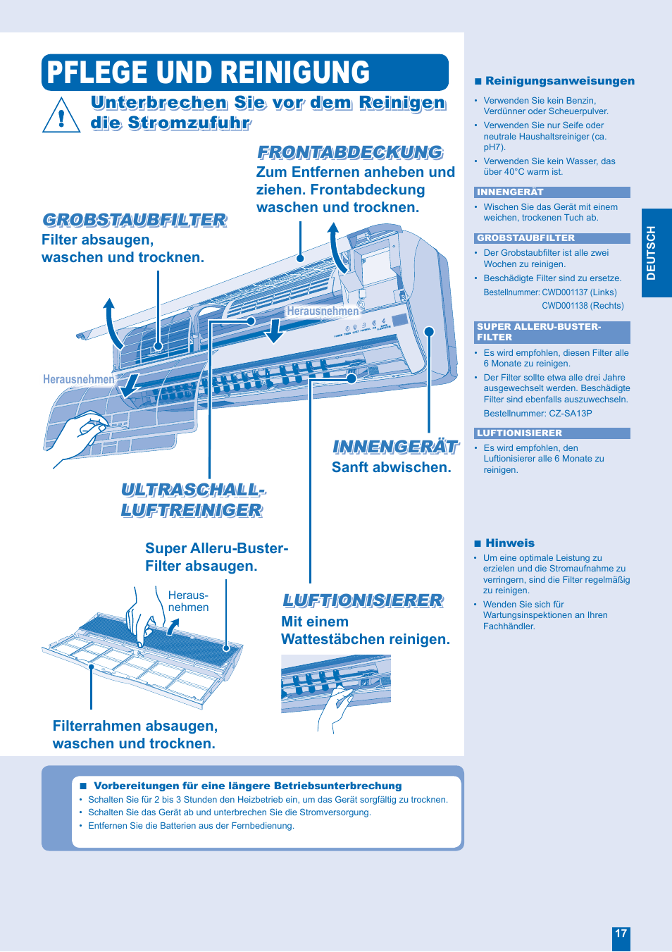 Pflege und reinigung, Frontabdeckung, Luftionisierer | Unterbrechen sie vor dem reinigen | Panasonic CSE18EKEA User Manual | Page 9 / 12