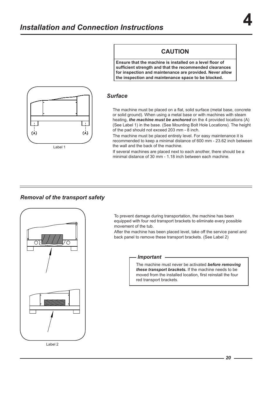 Installation and connection instructions, Caution | Alliance Laundry Systems HF900 User Manual | Page 20 / 47