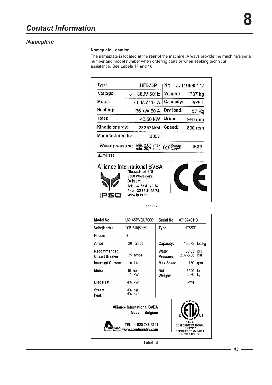 Contact information | Alliance Laundry Systems HF900 User Manual | Page 43 / 47