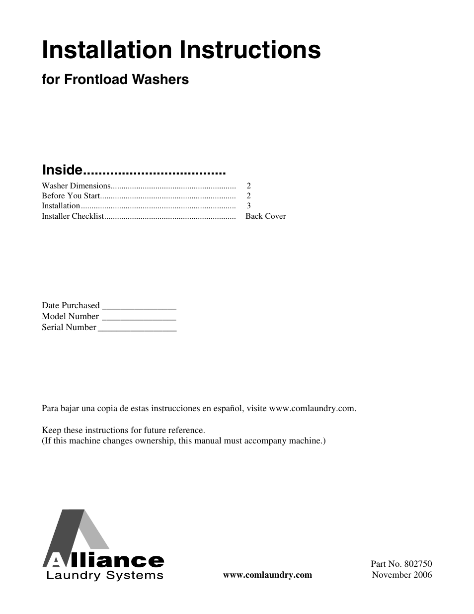 Alliance Laundry Systems B-Series User Manual | 10 pages