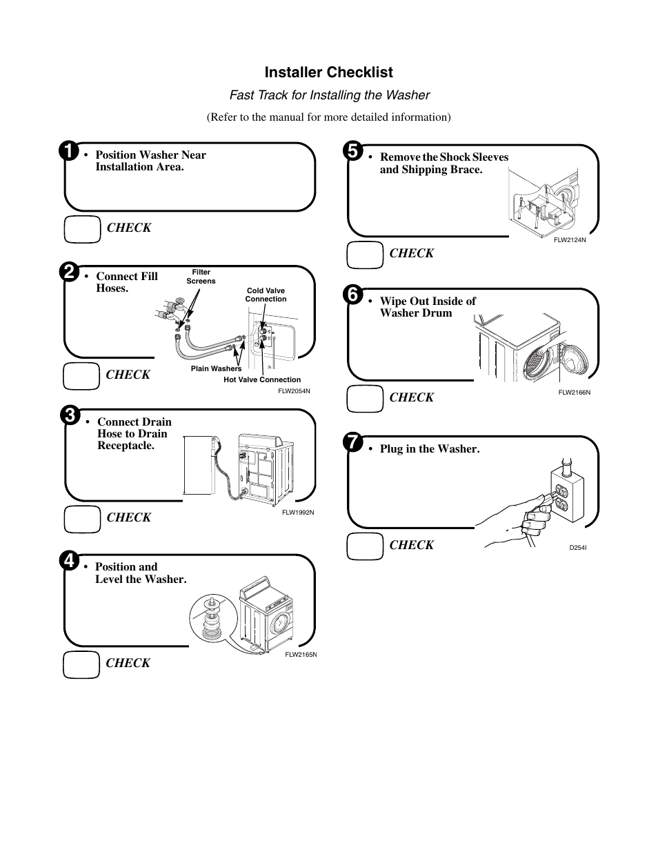 Installer checklist, Fast track for installing the washer, Check | Alliance Laundry Systems B-Series User Manual | Page 10 / 10