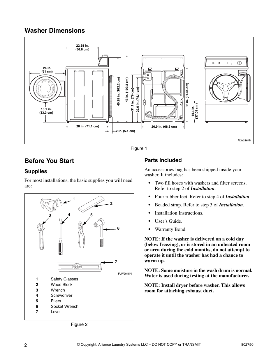 Washer dimensions before you start, Supplies, Parts included | Alliance Laundry Systems B-Series User Manual | Page 2 / 10