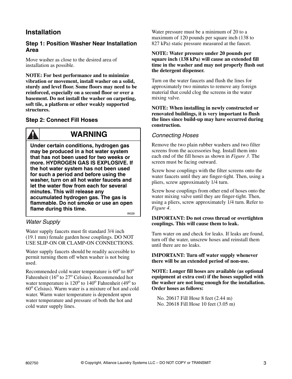 Warning, Installation | Alliance Laundry Systems B-Series User Manual | Page 3 / 10