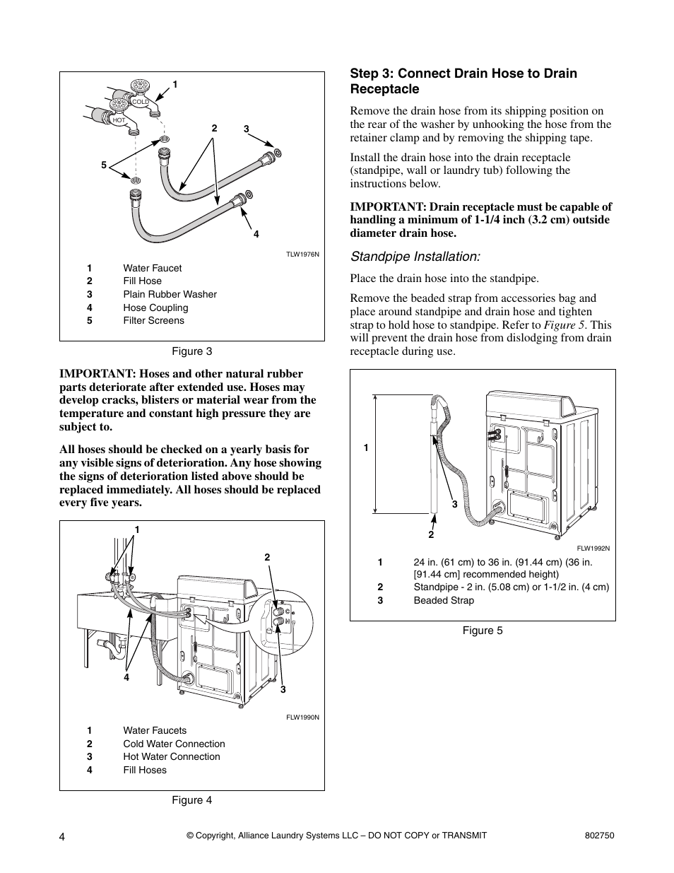 Step 3: connect drain hose to drain receptacle, Standpipe installation | Alliance Laundry Systems B-Series User Manual | Page 4 / 10