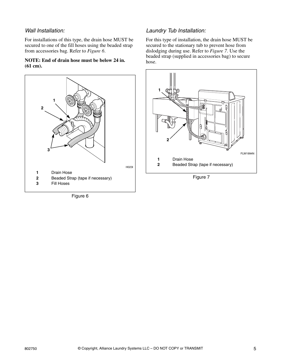 Wall installation, Laundry tub installation | Alliance Laundry Systems B-Series User Manual | Page 5 / 10