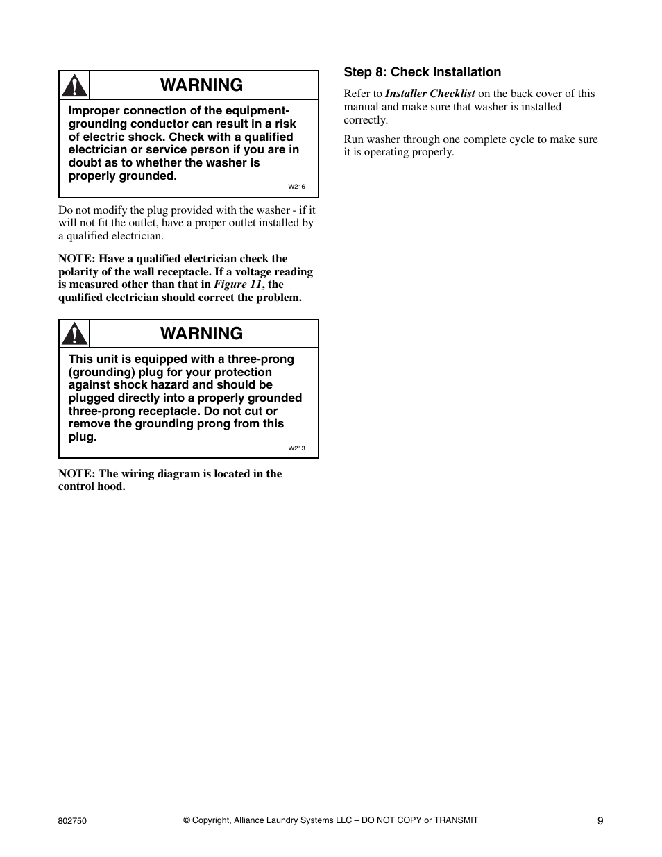 Warning | Alliance Laundry Systems B-Series User Manual | Page 9 / 10