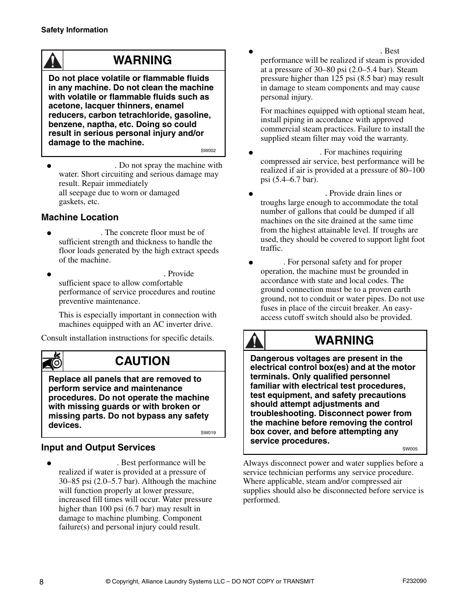 Machine location, Input and output services, Warning | Caution | Alliance Laundry Systems UW60P3 User Manual | Page 10 / 66