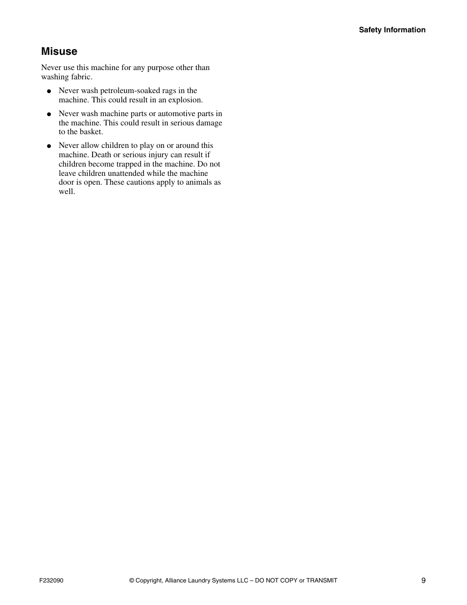 Misuse | Alliance Laundry Systems UW60P3 User Manual | Page 11 / 66