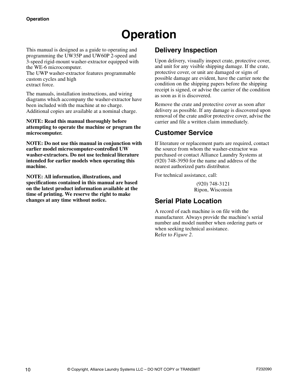 Operation | Alliance Laundry Systems UW60P3 User Manual | Page 12 / 66