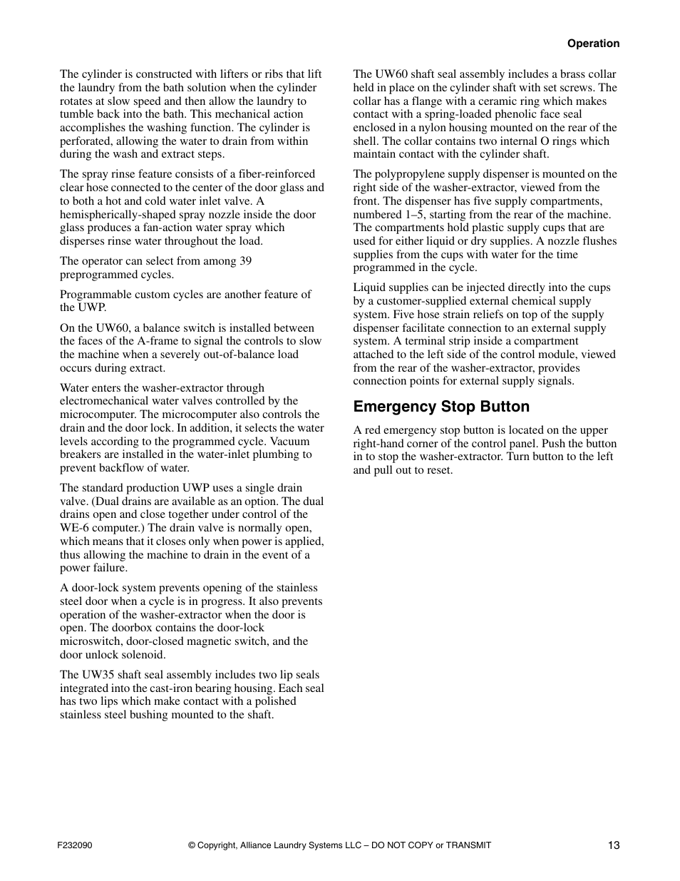 Emergency stop button | Alliance Laundry Systems UW60P3 User Manual | Page 15 / 66