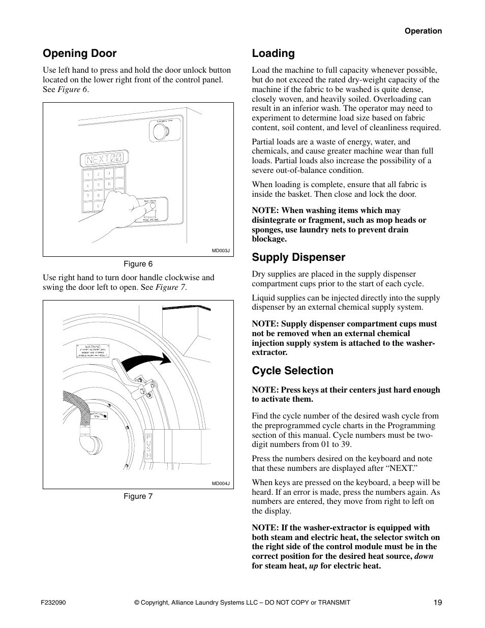 Opening door, Loading, Supply dispenser | Cycle selection | Alliance Laundry Systems UW60P3 User Manual | Page 21 / 66