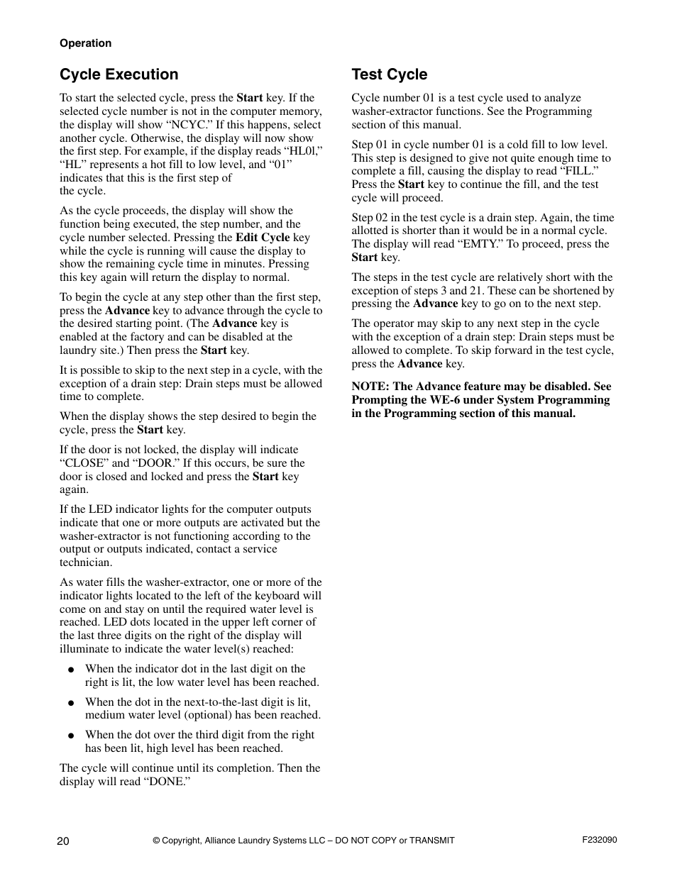 Cycle execution test cycle, Cycle execution, Test cycle | Alliance Laundry Systems UW60P3 User Manual | Page 22 / 66