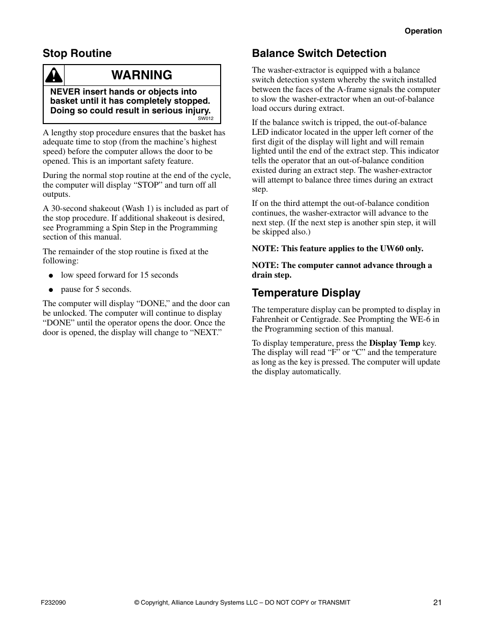 Warning, Stop routine, Balance switch detection | Temperature display | Alliance Laundry Systems UW60P3 User Manual | Page 23 / 66