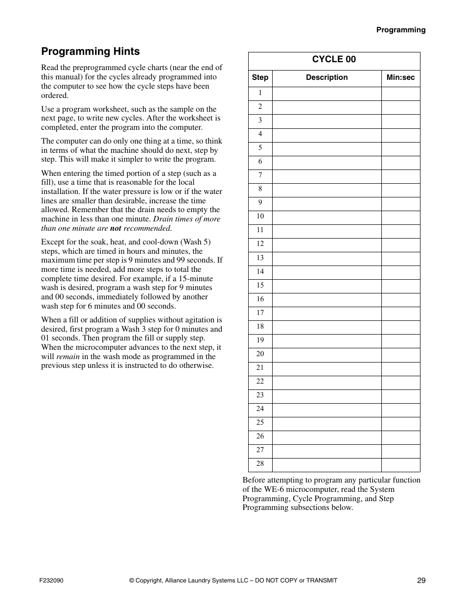 Programming hints | Alliance Laundry Systems UW60P3 User Manual | Page 31 / 66