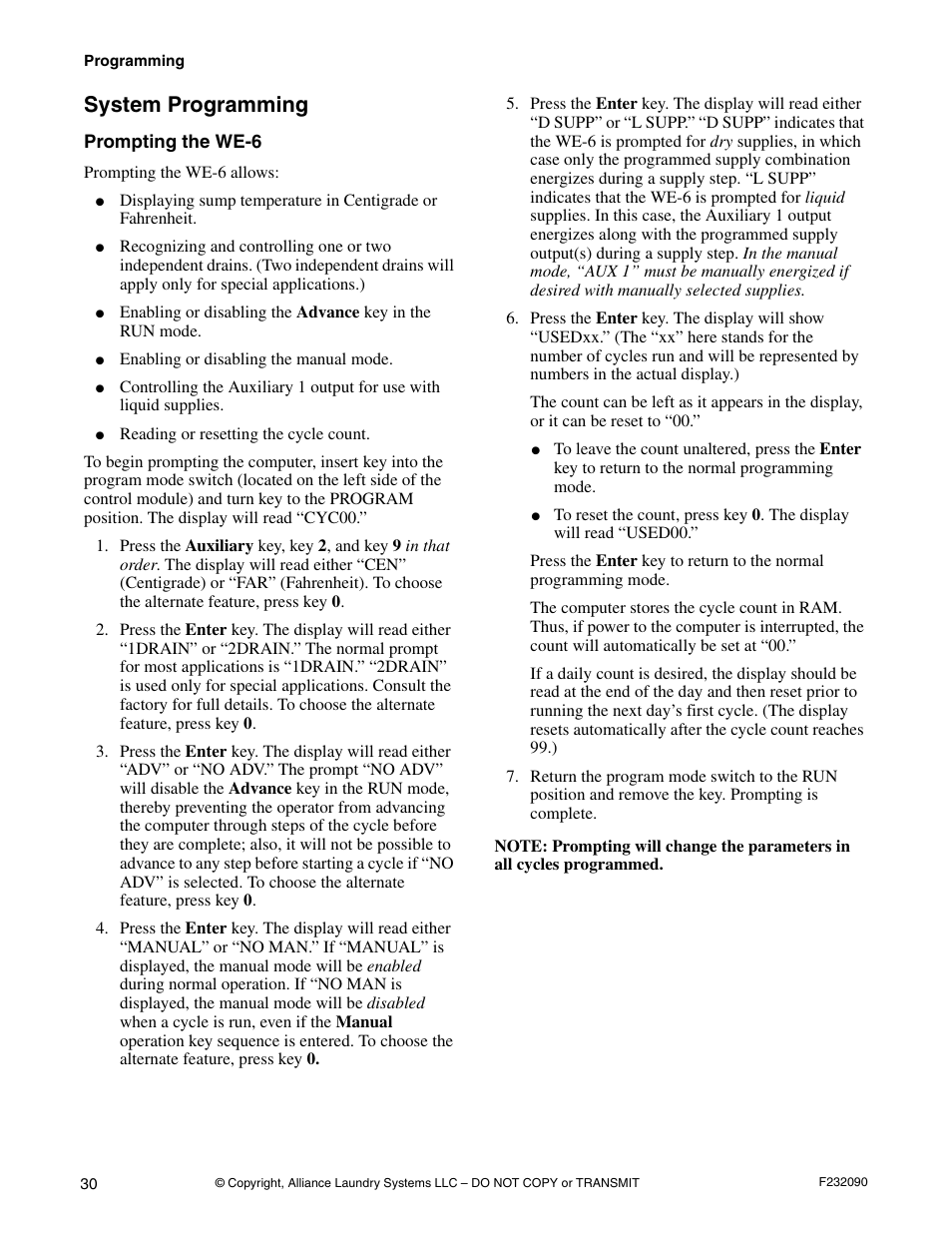 System programming, Prompting the we-6 | Alliance Laundry Systems UW60P3 User Manual | Page 32 / 66