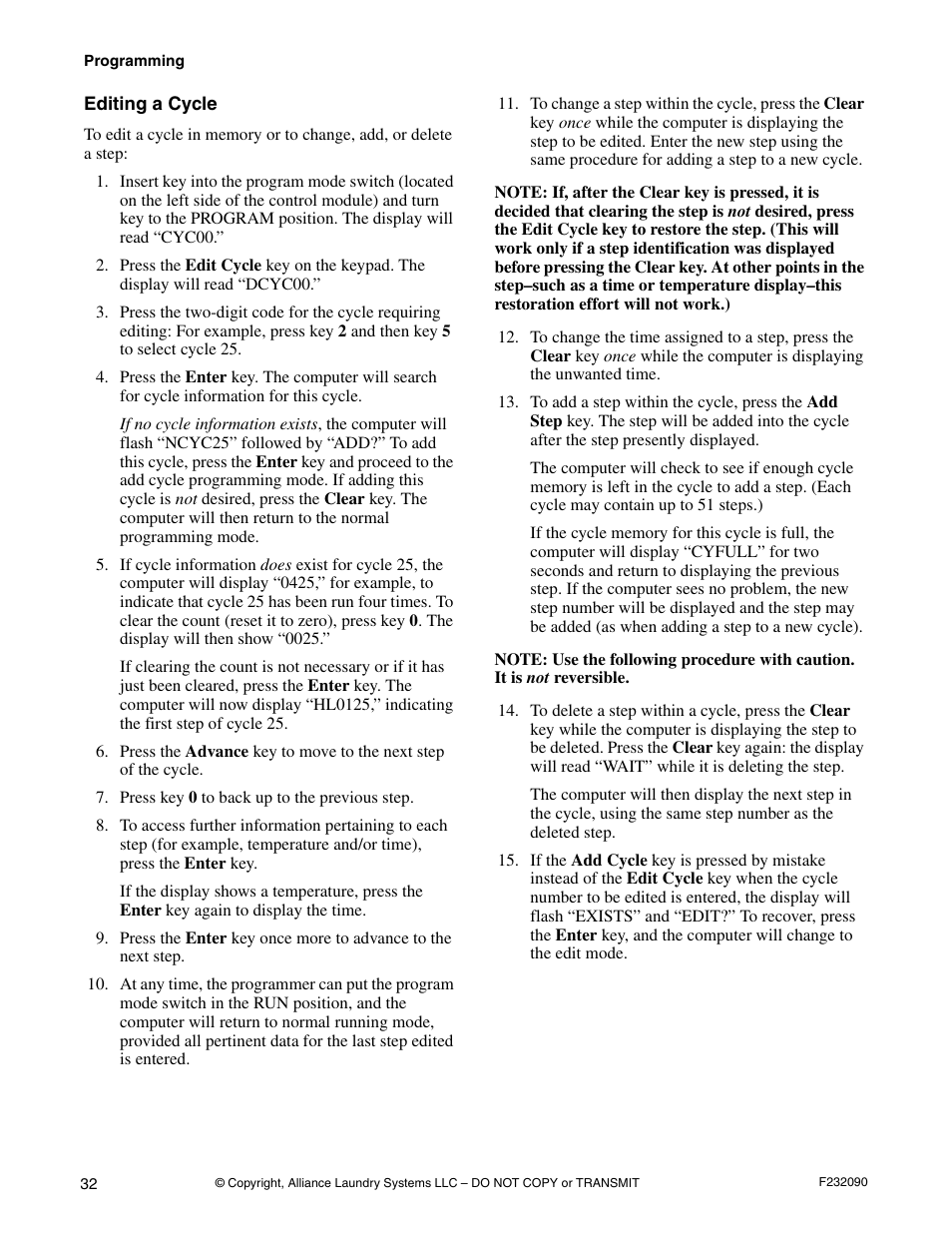 Editing a cycle | Alliance Laundry Systems UW60P3 User Manual | Page 34 / 66