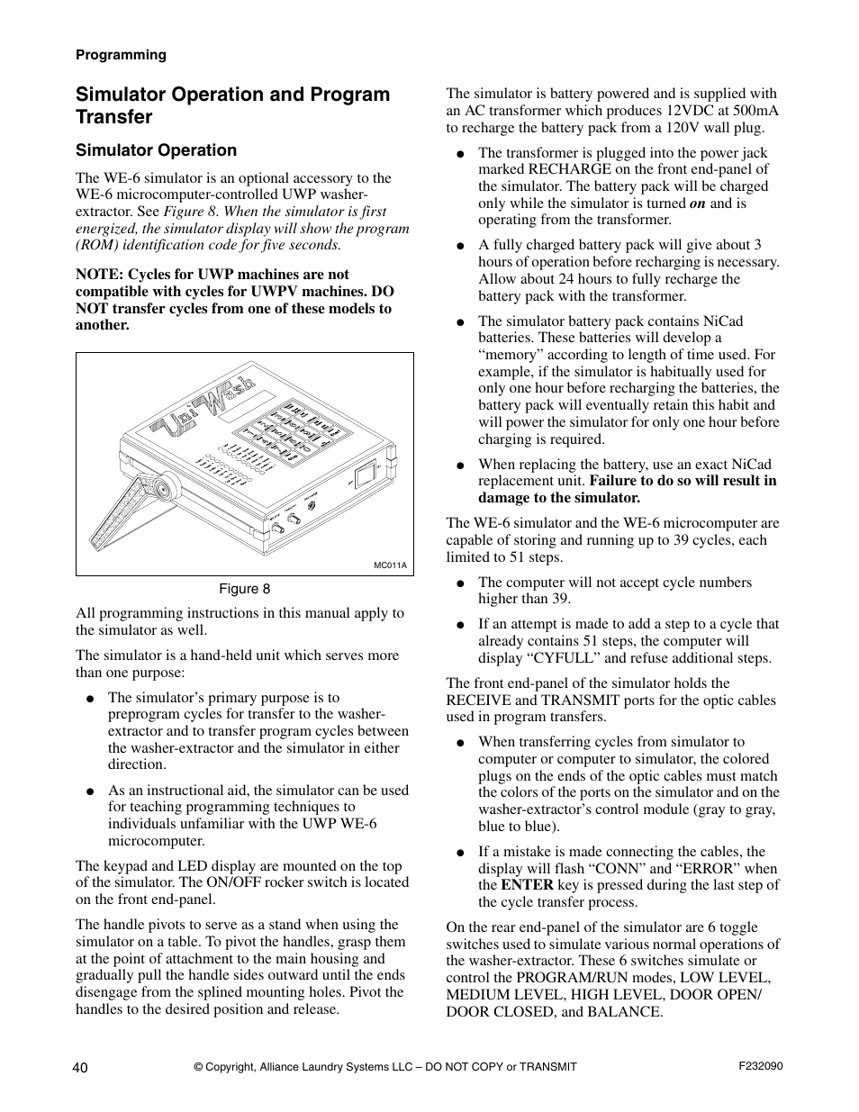 Simulator operation and program transfer, Simulator operation | Alliance Laundry Systems UW60P3 User Manual | Page 42 / 66