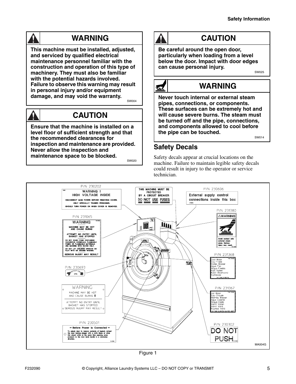 Safety decals, Warning, Caution | Alliance Laundry Systems UW60P3 User Manual | Page 7 / 66