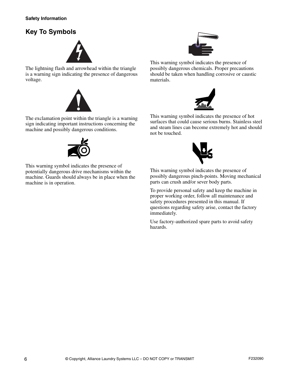 Key to symbols | Alliance Laundry Systems UW60P3 User Manual | Page 8 / 66