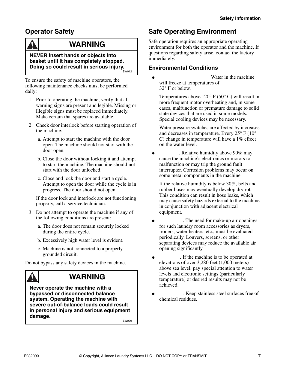 Operator safety, Safe operating environment, Environmental conditions | Warning | Alliance Laundry Systems UW60P3 User Manual | Page 9 / 66