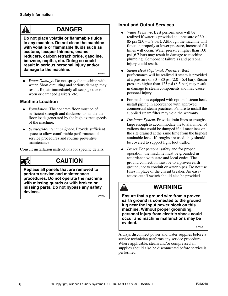 Machine location, Input and output services, Danger | Caution, Warning | Alliance Laundry Systems UW35M2 User Manual | Page 10 / 24