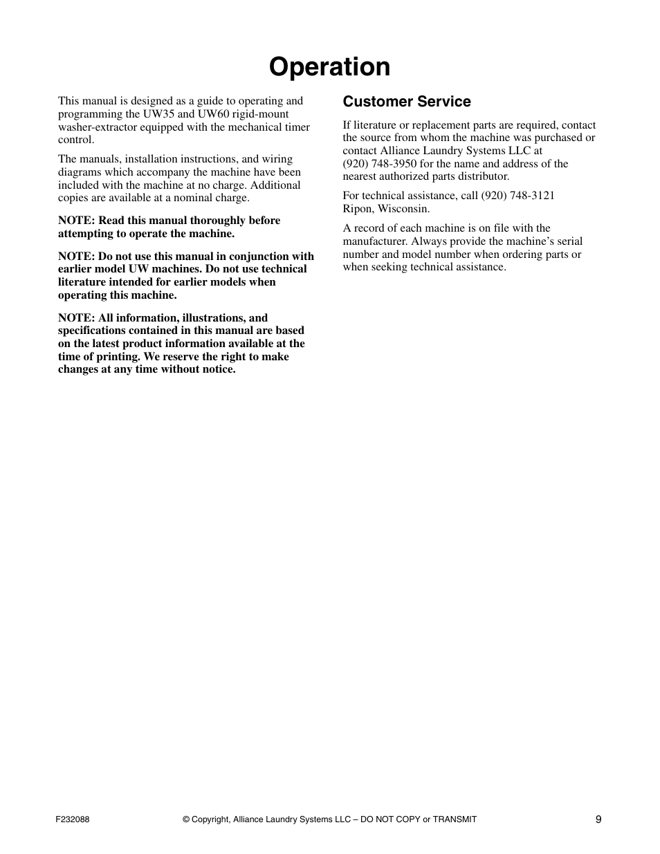 Operation, Customer service | Alliance Laundry Systems UW35M2 User Manual | Page 11 / 24