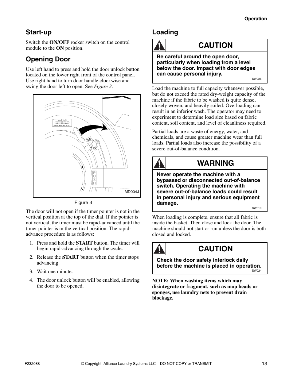 Start-up opening door loading, Caution, Warning | Start-up, Opening door, Loading | Alliance Laundry Systems UW35M2 User Manual | Page 15 / 24