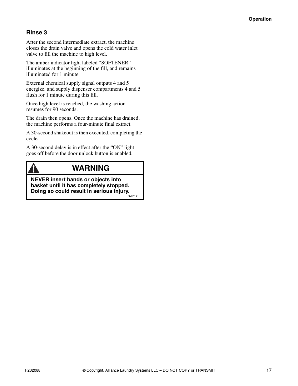 Rinse 3, Warning | Alliance Laundry Systems UW35M2 User Manual | Page 19 / 24