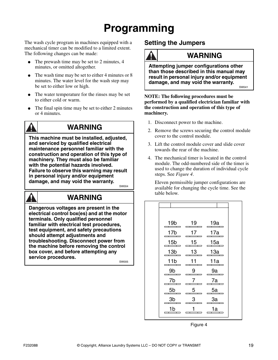 Programming, Setting the jumpers, Warning | Alliance Laundry Systems UW35M2 User Manual | Page 21 / 24