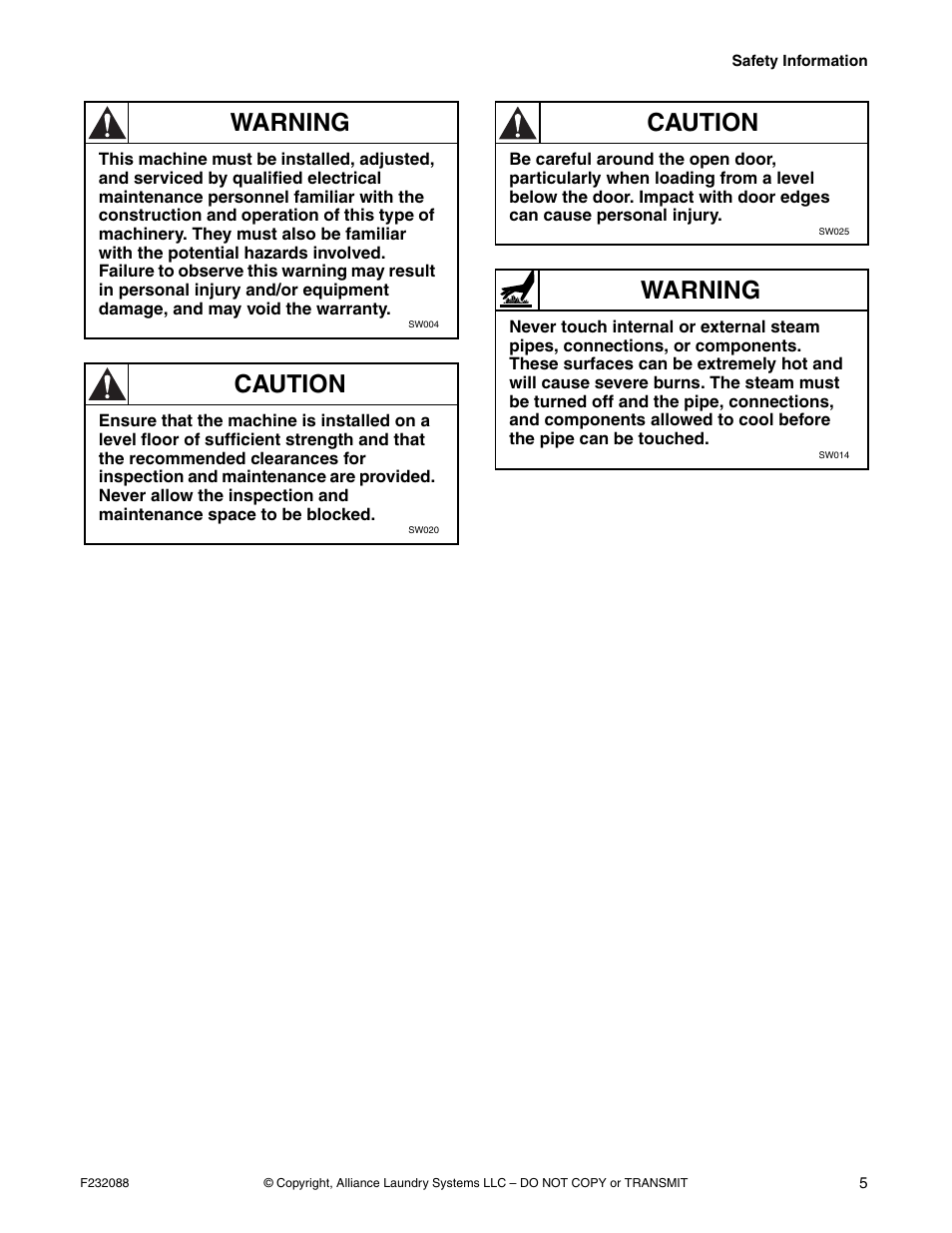 Warning, Caution | Alliance Laundry Systems UW35M2 User Manual | Page 7 / 24