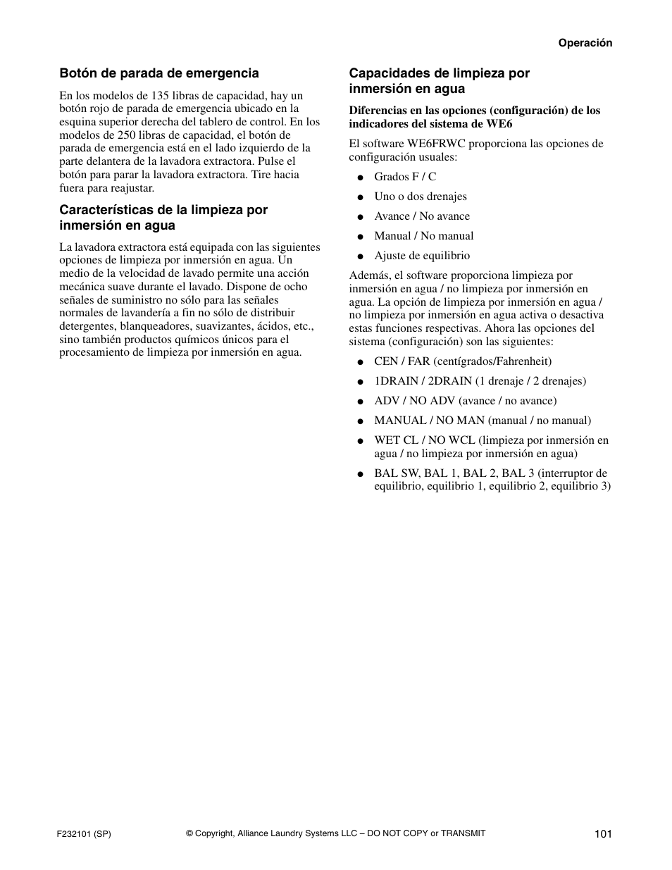 Botón de parada de emergencia, Capacidades de limpieza por inmersión en agua | Alliance Laundry Systems SF250PV Tilt User Manual | Page 103 / 174