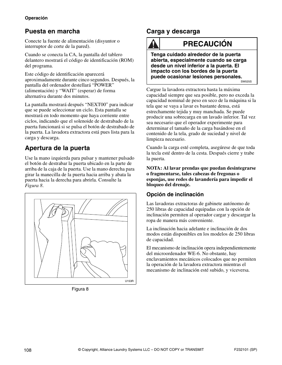 Precaución, Puesta en marcha, Apertura de la puerta | Carga y descarga | Alliance Laundry Systems SF250PV Tilt User Manual | Page 110 / 174