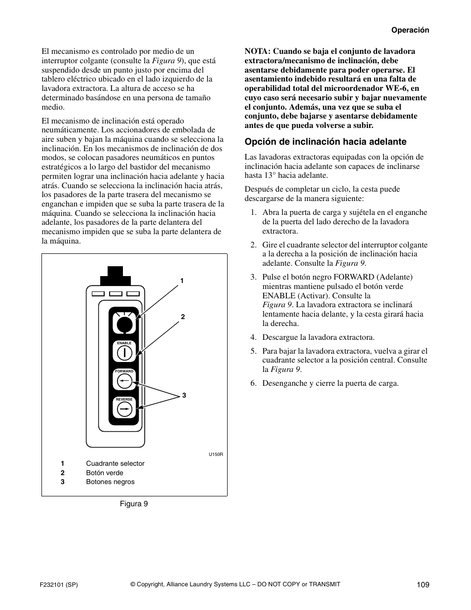 Opción de inclinación hacia adelante | Alliance Laundry Systems SF250PV Tilt User Manual | Page 111 / 174