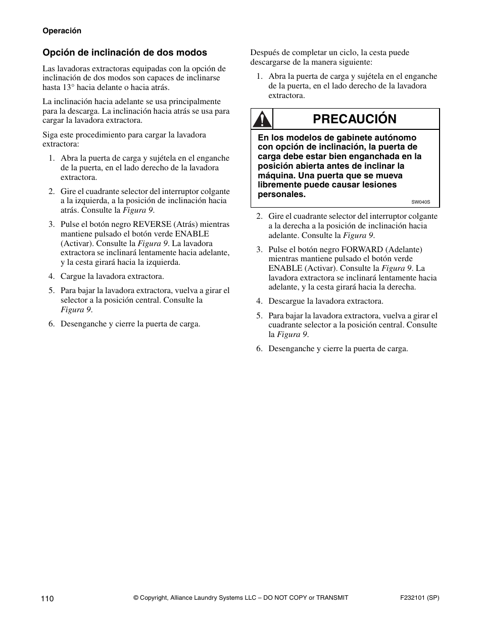 Precaución | Alliance Laundry Systems SF250PV Tilt User Manual | Page 112 / 174