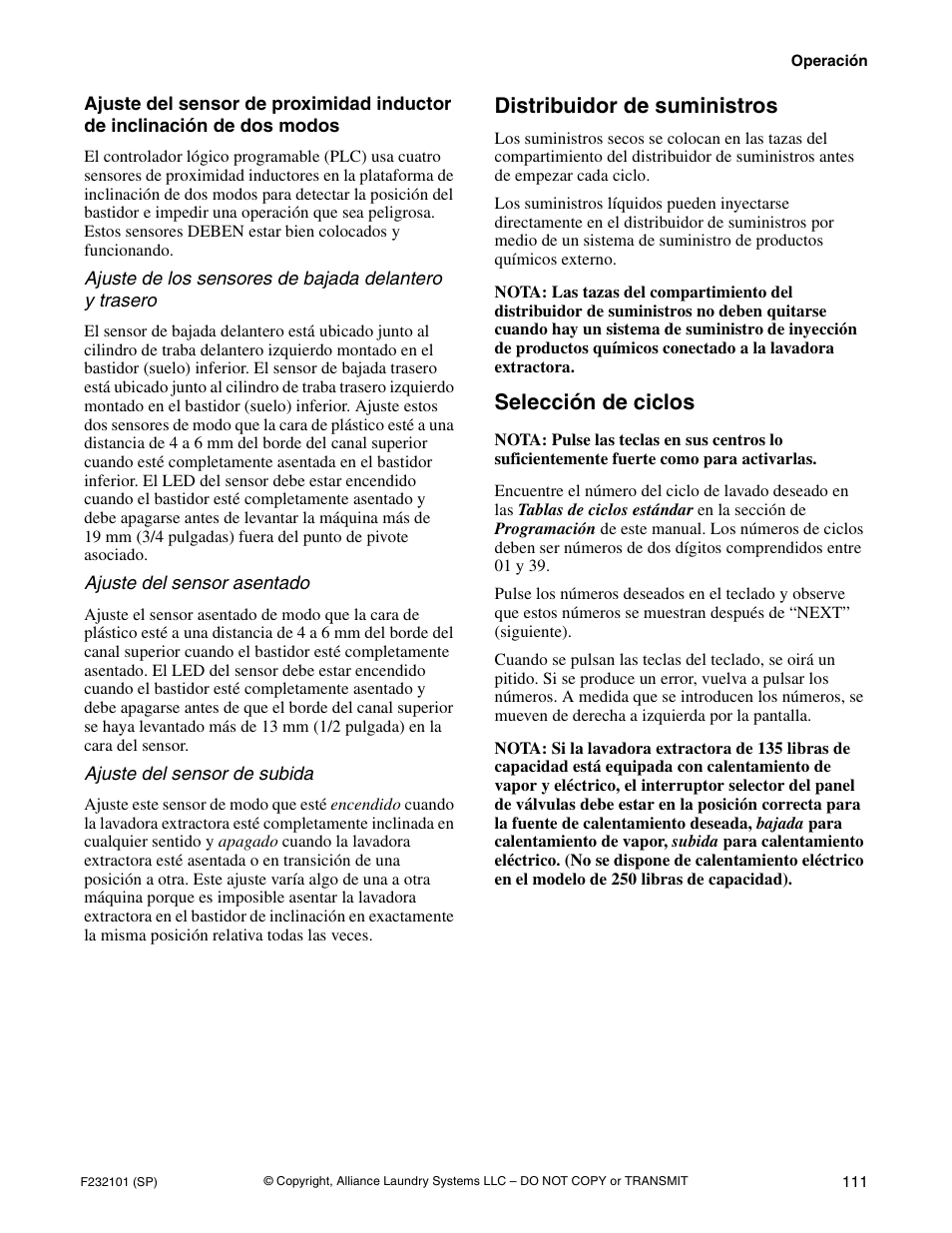 Distribuidor de suministros, Selección de ciclos | Alliance Laundry Systems SF250PV Tilt User Manual | Page 113 / 174