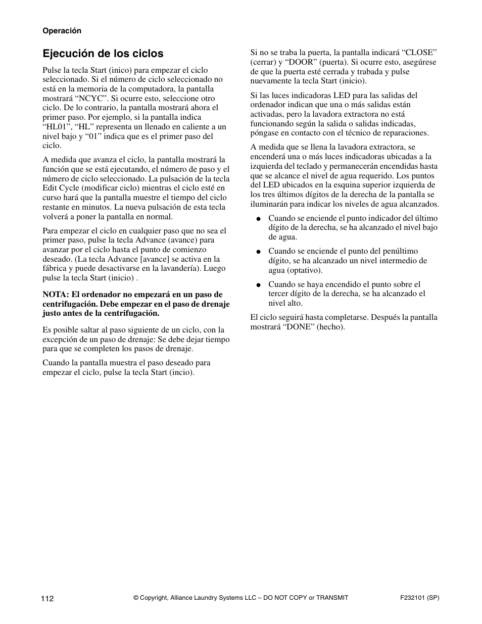 Ejecución de los ciclos | Alliance Laundry Systems SF250PV Tilt User Manual | Page 114 / 174