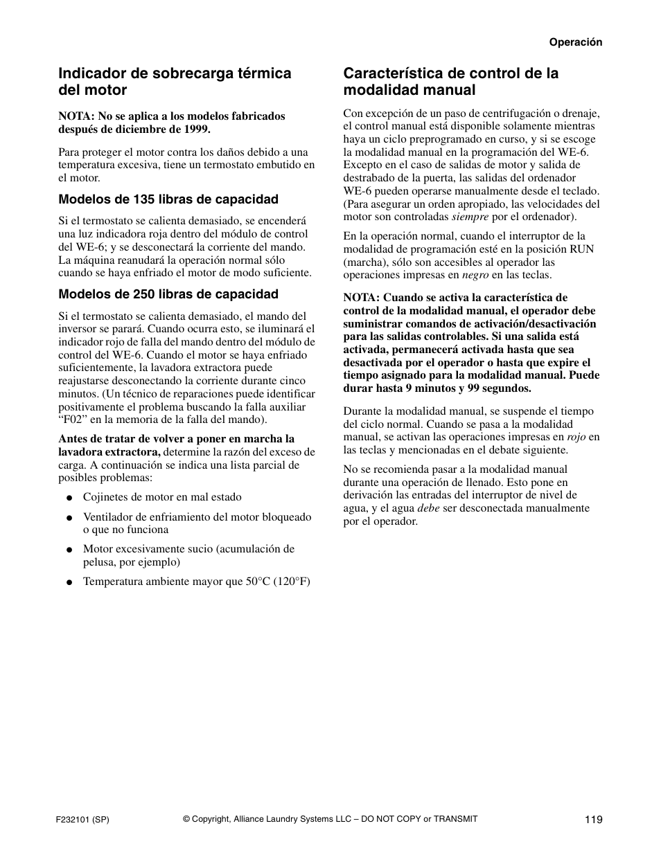 Indicador de sobrecarga térmica del motor, Característica de control de la modalidad manual | Alliance Laundry Systems SF250PV Tilt User Manual | Page 121 / 174