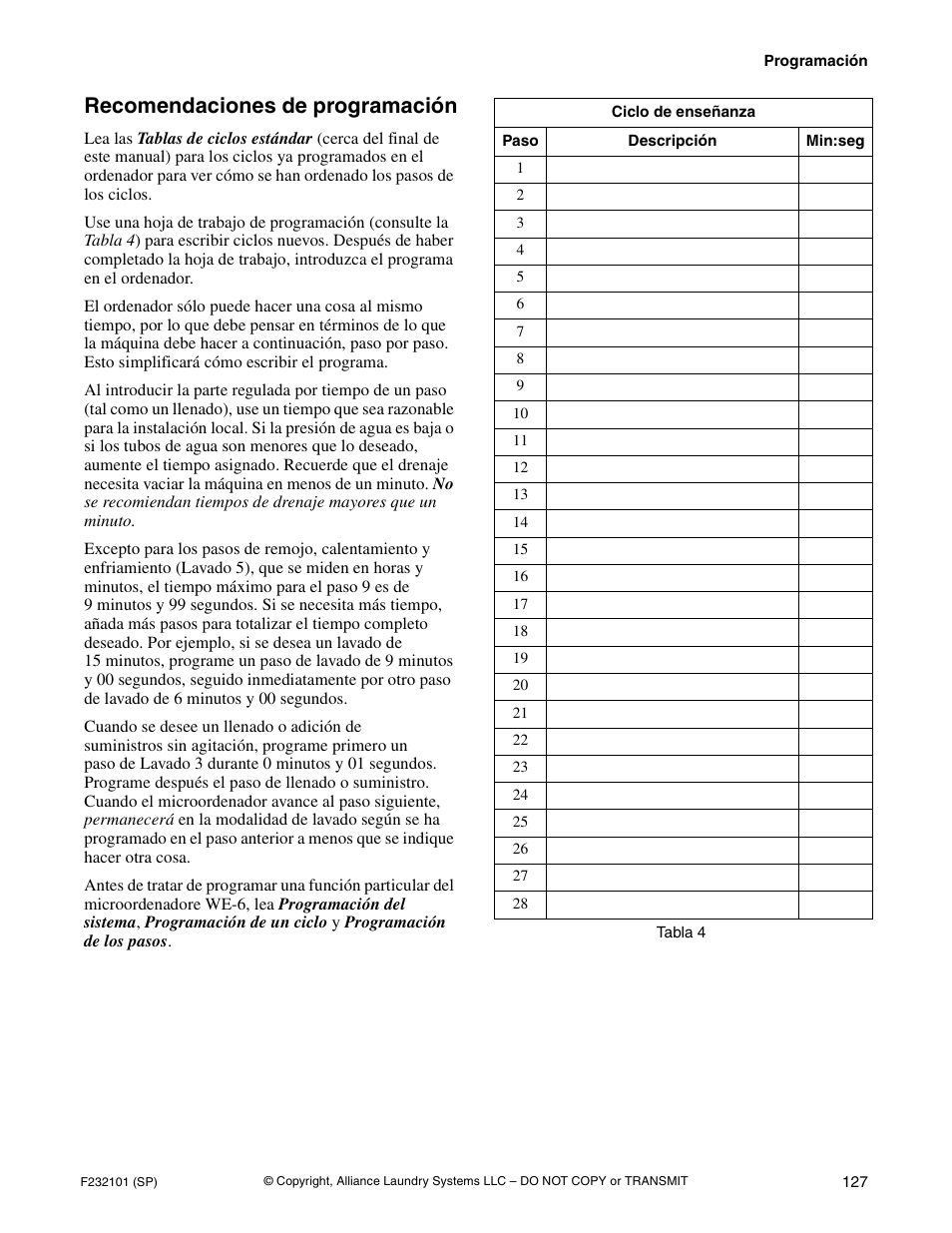 Recomendaciones de programación | Alliance Laundry Systems SF250PV Tilt User Manual | Page 129 / 174