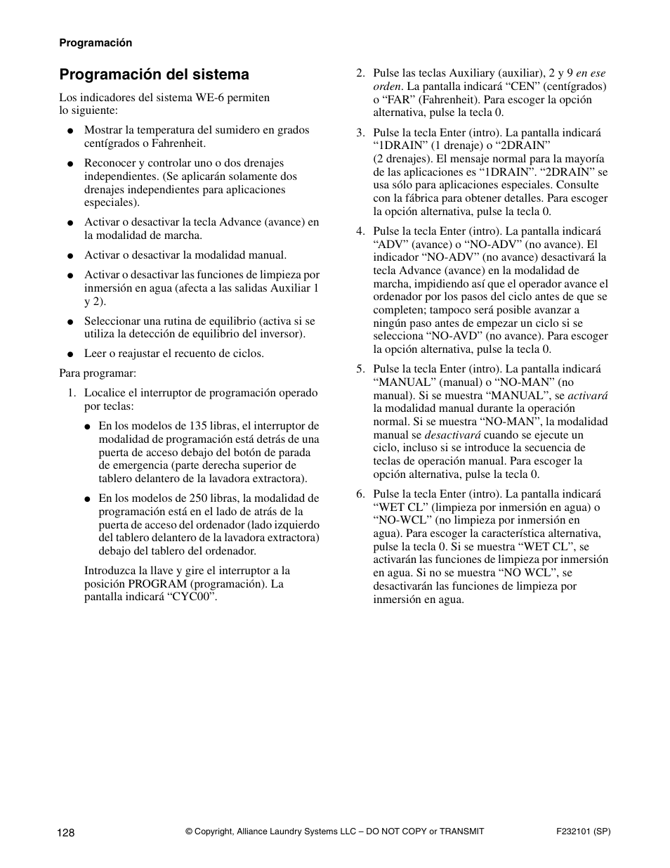 Programación del sistema | Alliance Laundry Systems SF250PV Tilt User Manual | Page 130 / 174