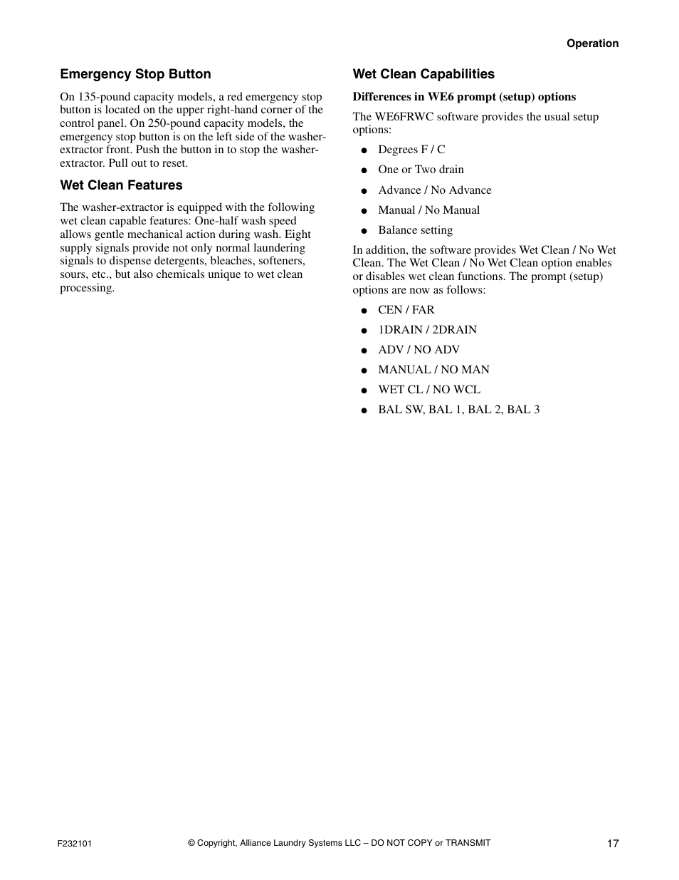 Emergency stop button, Wet clean features, Wet clean capabilities | Alliance Laundry Systems SF250PV Tilt User Manual | Page 19 / 174