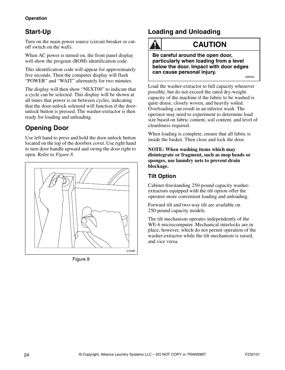 Caution, Start-up, Opening door | Loading and unloading | Alliance Laundry Systems SF250PV Tilt User Manual | Page 26 / 174